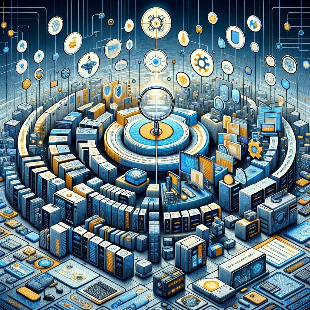 Futuristic layers of servers starting with an outer circle and layering in