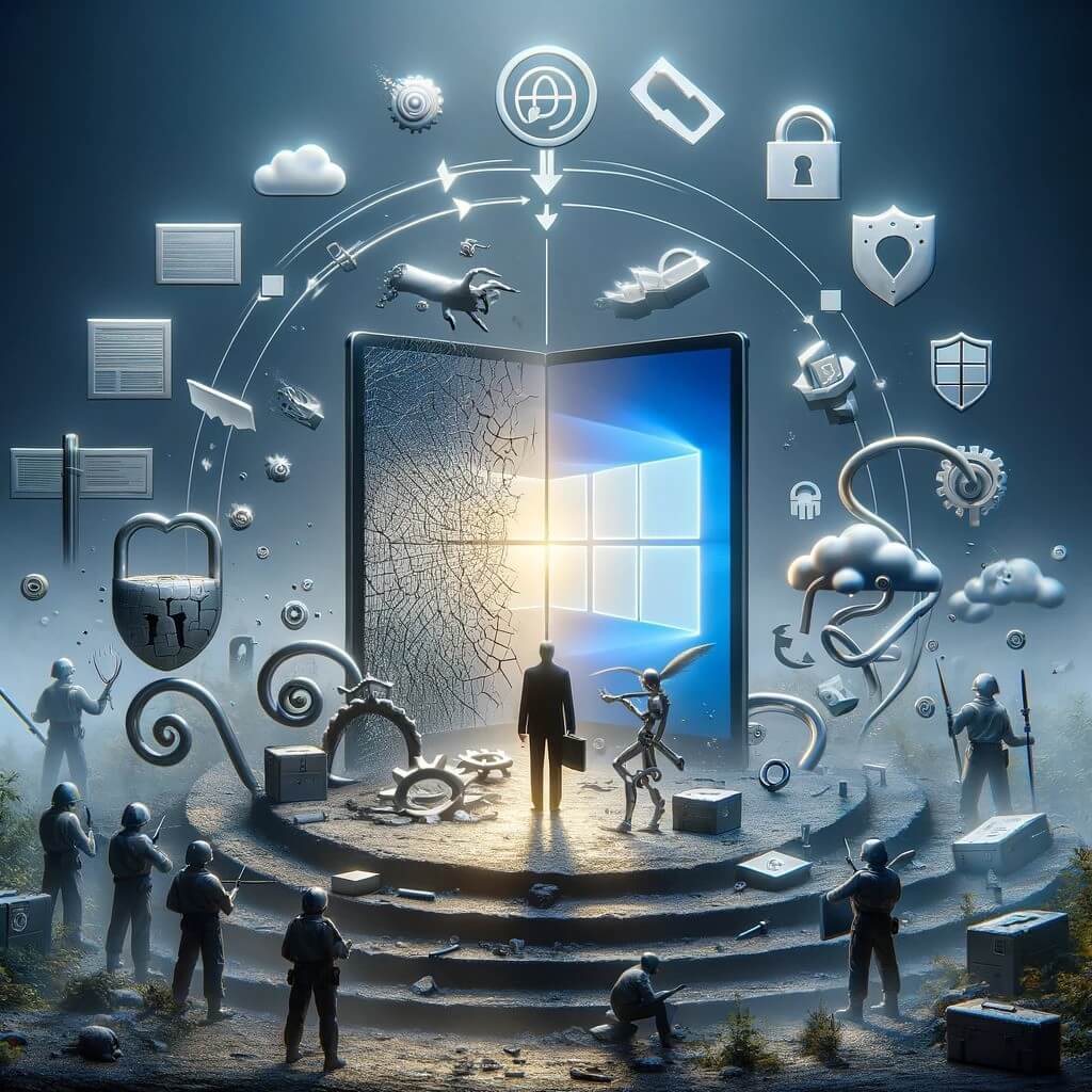 Futuristic image standing on a plinth, staring at a giant screen with logos floating around it